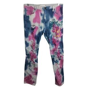 5039) Kloud9 Graphiti Tie Die pink Blue Ripped Festival Designer  Jeans 34/32